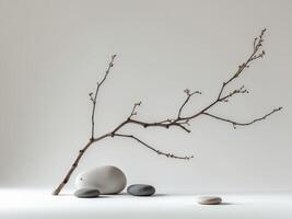 Digital art piece that features branch small white Neutral background with stones photo