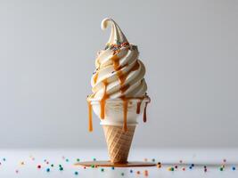 Melting Soft Serve Ice Cream with Caramel and Sprinkles. photo