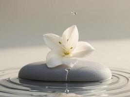 White Flower Floating on Stone with Dripping Water in Peaceful Setting. photo