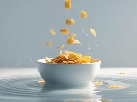 A bowl of cornflakes is being thrown into the water photo