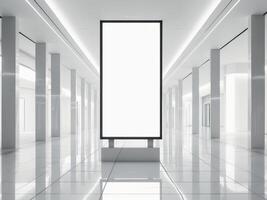 An empty white hallway with a large blank billboard photo