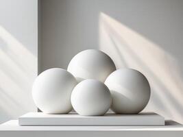 Three white round objects surface are arranged triangular minimal podium display photo