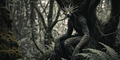 A tree with a face sitting in the middle of the forest photo