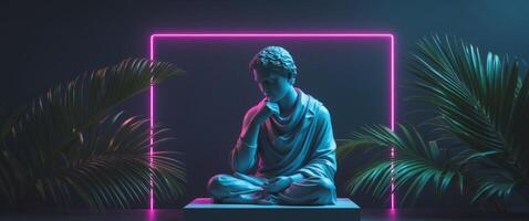 A statue of buddha sitting in a dark room with neon lights photo