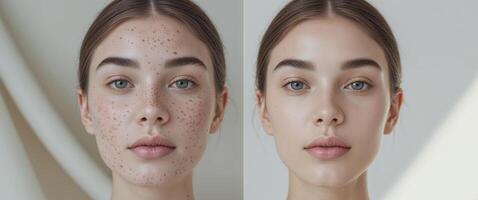 Before and after slider showcasing acne skin smoothing transformation. photo