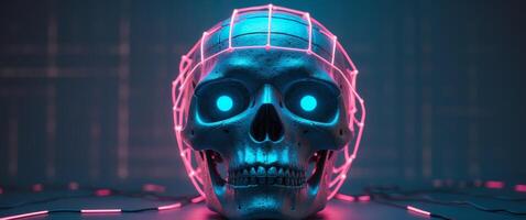 Futuristic Skull with Glowing Eyes and Neon Lights in Cyberpunk Style photo