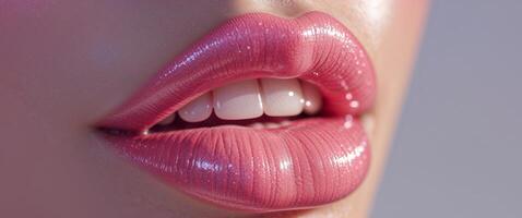 Luscious Pink Lips with Glossy Shine Enhanced by Vivid Illumination and Subtle Dental Display photo