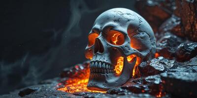 A striking sculpture of a pirate skull emerging from glowing molten rock in a dark setting photo