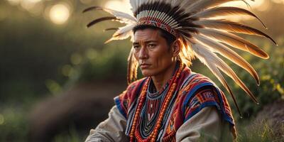 Indigenous man in traditional attire with feathered headdress. photo