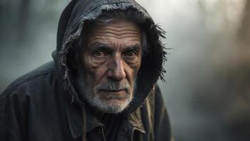 A weathered elderly man with intense eyes staring forward from under a dark hooded jacket in a moody and mysterious outdoor setting. photo