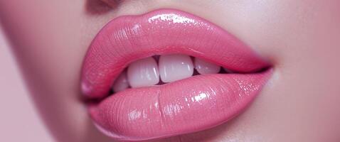Luscious Pink Lips with Glossy Shine Enhanced by Vivid Illumination and Subtle Dental Display. photo