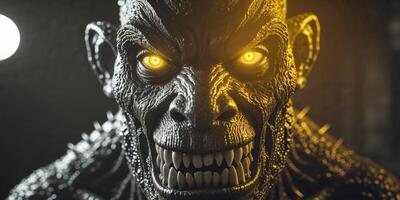 A close up of a monster's face with a yellow light shining on it. photo