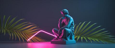 Pensive Statue with Neon Light and Palm Fronds Moody Still Life. photo