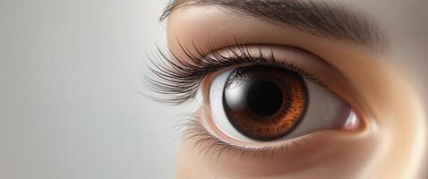 A close up of a large brown eye with a dark pupil. photo