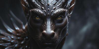 Close Up of a Dark Brown Mythical Creature's Face in Shadowy Darkness. photo