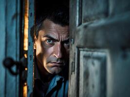 Curious man peeking through a door with an intense expression in a dimly lit room. photo