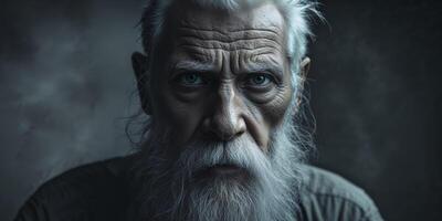 Intense gaze of an elderly man with a beard in a dark setting photo