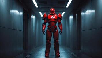 Red Armored Figure Stands in a Dark Metallic Corridor. photo