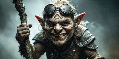 A mischievous goblin creature with goggles and a staff. photo