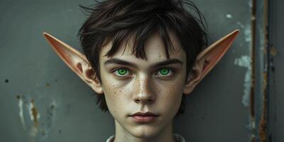 In front of a wall stands a youthful individual with pointed ears typical of an elf. photo