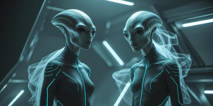 Alien beings with distinct features in a futuristic setting showcasing advanced attire and mysterious aura. photo