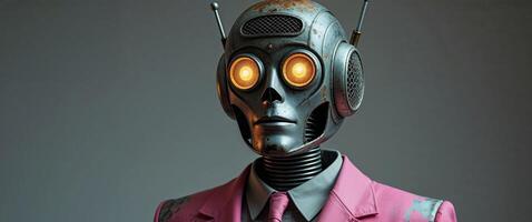 Vintage Style Robot in Pink Suit with Old Radio Helmet photo