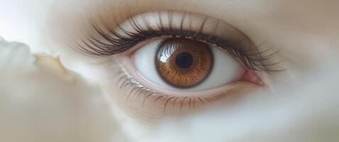 A Close Up Of A Brown Eye With Long Lashes. photo