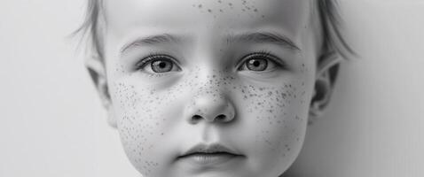 A close up of a baby with freckles on its face photo