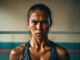 A woman in a gym with a serious expression photo