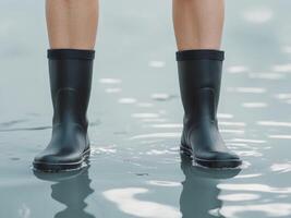 A person standing in water wearing black rain boots photo