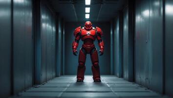 A red robot standing in a hallway photo
