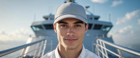 A man in a white shirt and cap on a boat photo