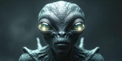 An alien with glowing eyes is shown in this image photo