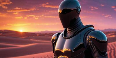 mysterious figure in sleek black armor stands in desert landscape at sunset photo