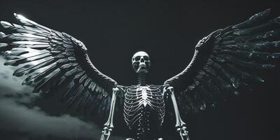 Dark setting with a metallic skeleton sculpture featuring wings photo