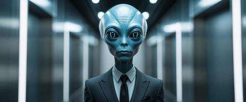 Mysterious alien figure stands in dimly lit corridor wearing a suit and exhibiting unusual features at a modern location. photo