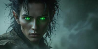 A Glowing Green Eyed Creature With Dark Features. photo