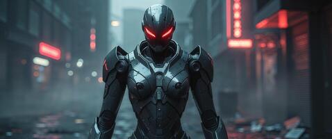 Futuristic cybernetic armor with red illuminated visor in urban setting photo