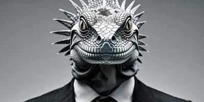 unrecognizable man in formal suit with iguana head photo