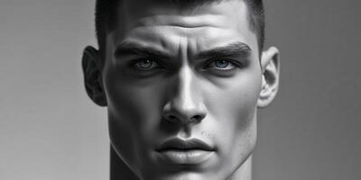 Intense gaze of fit man with defined features in dramatic lighting. photo