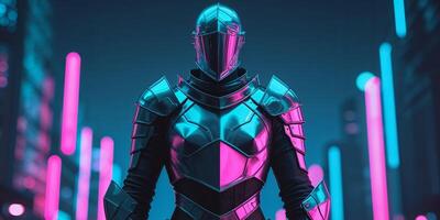Metallic knight in futuristic armor illuminated by neon lights during a dark setting at night photo