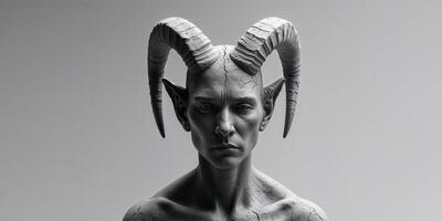 Horned earth spirit figure with thoughtful expression and stone texture. photo