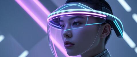 Futuristic visor helmet with neon glow on person in modern technology setting photo