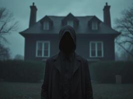 Person standing front large dark house night is Mysterious figure. photo