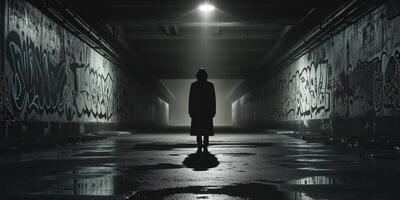 Mysterious figure standing in a dark tunnel illuminated by a solitary light in an urban setting. photo