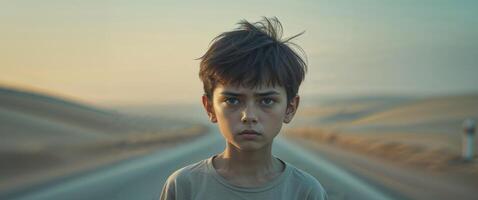 Intense gaze of a young boy standing on a desolate road during twilight hours photo