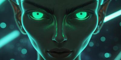 Fierce Alien Face with Glowing Green Eyes in Futuristic Space Background photo
