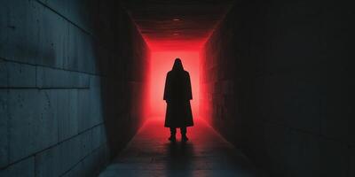 Mysterious Figure in Dark Corridor with Red Light Effects photo