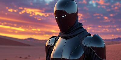 mysterious figure in sleek black armor stands in desert landscape at sunset. photo