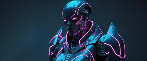 Intimidating Futuristic Cyborg Warrior with Glowing Neon Circuitry and Advanced Combat Gear. photo